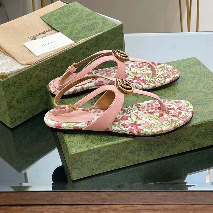 Gucci Women GG Double G Thong Sandal Pink Leather Flat 0.5 CM Heel