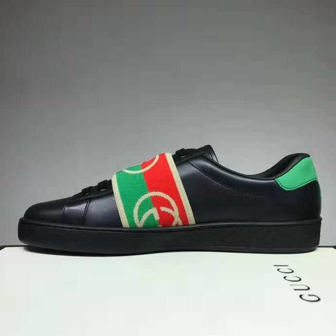 Gucci GG Unisex Ace Sneaker with Elastic Web Interlocking G Black Leather