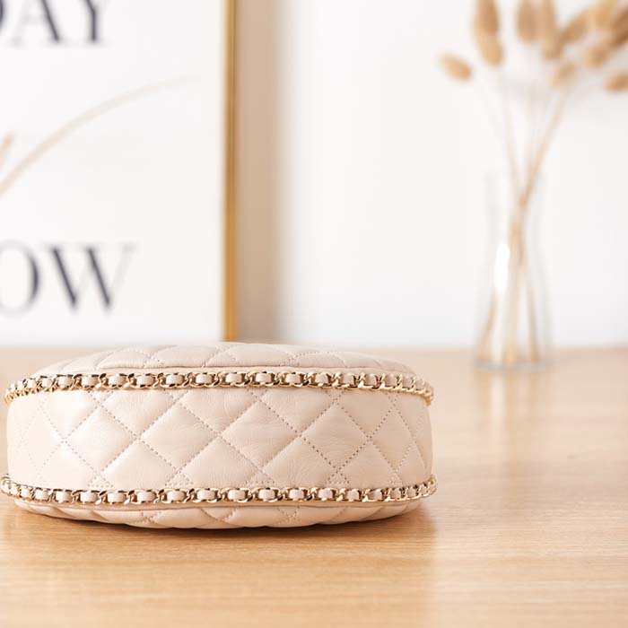 Chanel Women CC Small Hobo Bag Lambskin Shiny Light Gold Metal Ecru