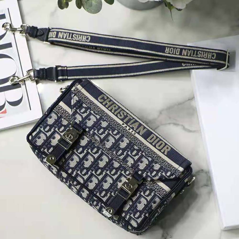 Dior Women Small Diorcamp Bag Blue Dior Oblique Embroidery