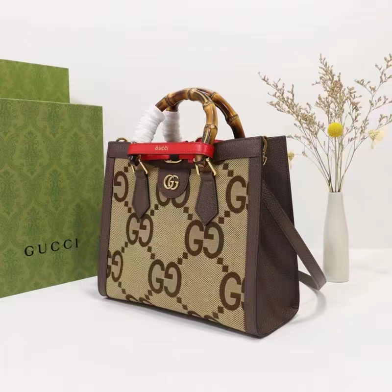 Gucci Unisex Diana Jumbo GG Small Tote Bag Double G Camel Brown Canvas