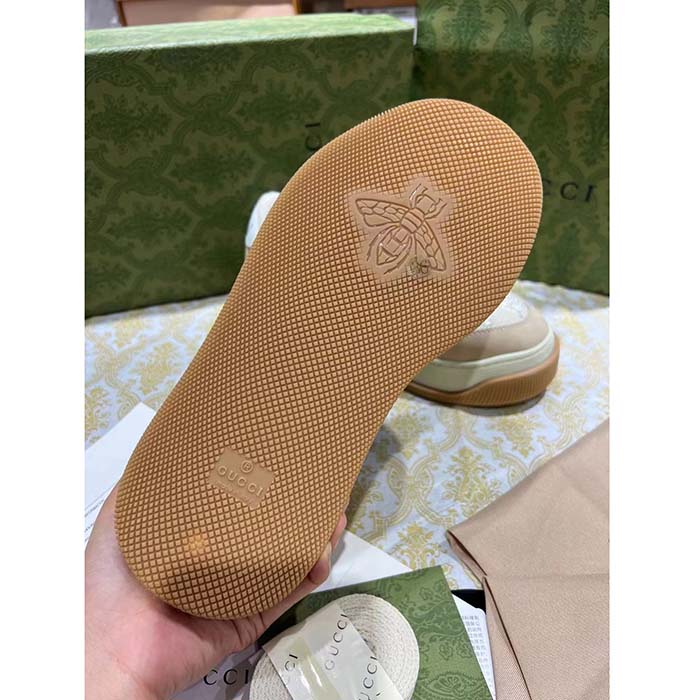 Gucci Unisex Screener Sneaker White GG Lamé Canvas Chunky Laces 4.8 CM Heel