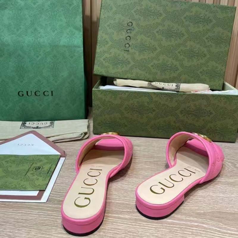 Gucci Women GG Matelassé Slide Sandal Bright Pink Double G Square Toe Flat
