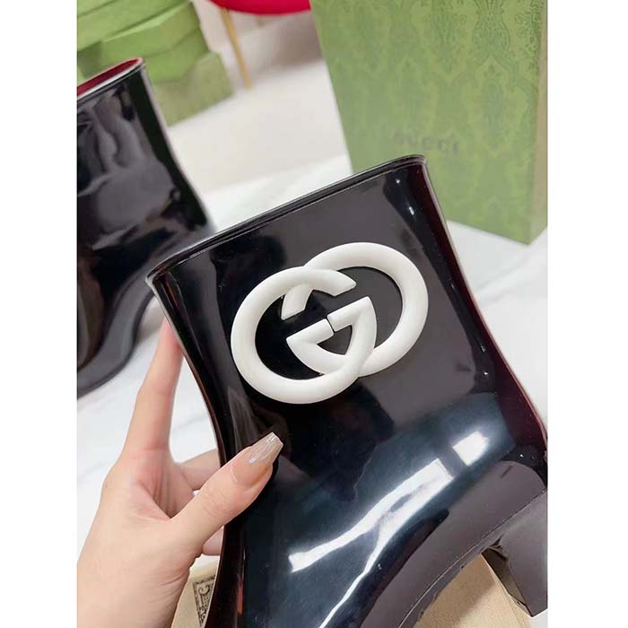 Gucci Women Interlocking G Ankle Boot Black Shiny Rubber Matte Point Toe Low-Heel
