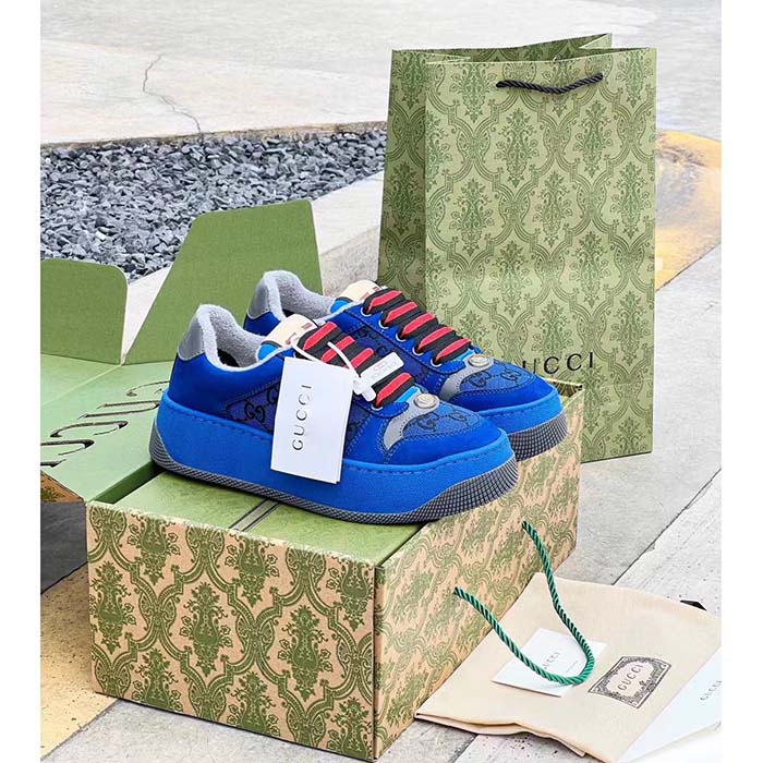 Gucci Unisex Screener GG Sneaker Blue Black Canvas Suede Dark Grey Leather Low Heel