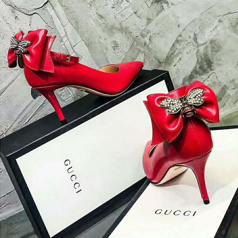 Gucci Women Shoes Leather Pump with Bow 85mm Heel-Red