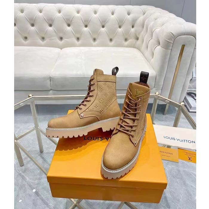 Louis Vuitton Unisex LV Ranger Ankle Boot Beige Nubuck Calf Leather Monogram Denim