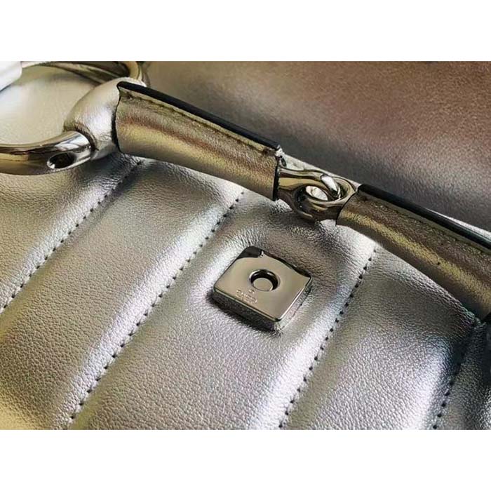 Gucci Women GG Horsebit Chain Small Shoulder Bag Silver Metallic Quilted Leather Maxi Horsebit