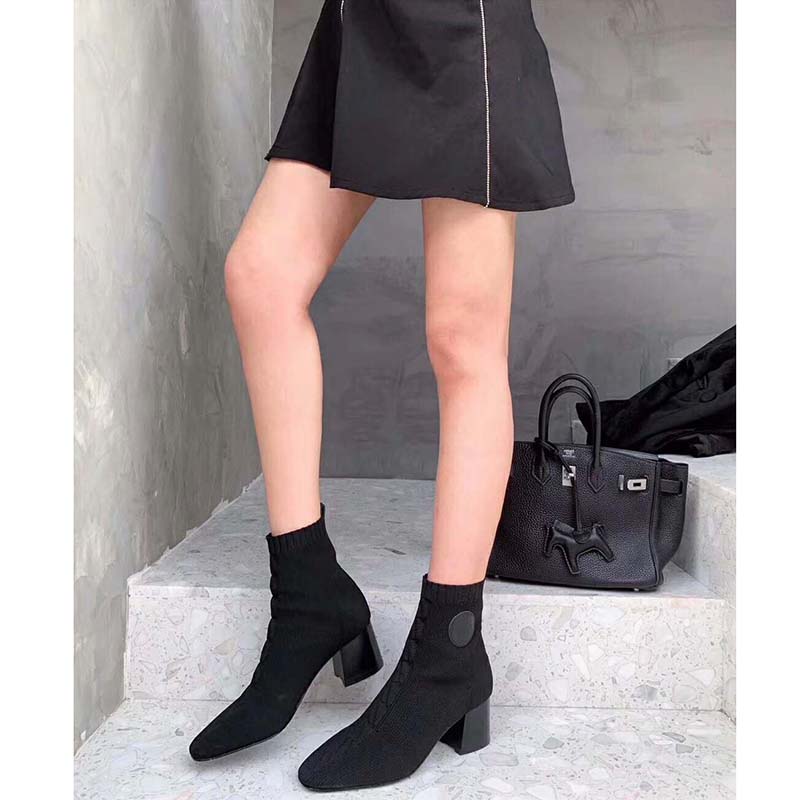 Hermes Women Volver 60 Ankle Boot Black Leather 2.4″ Heel