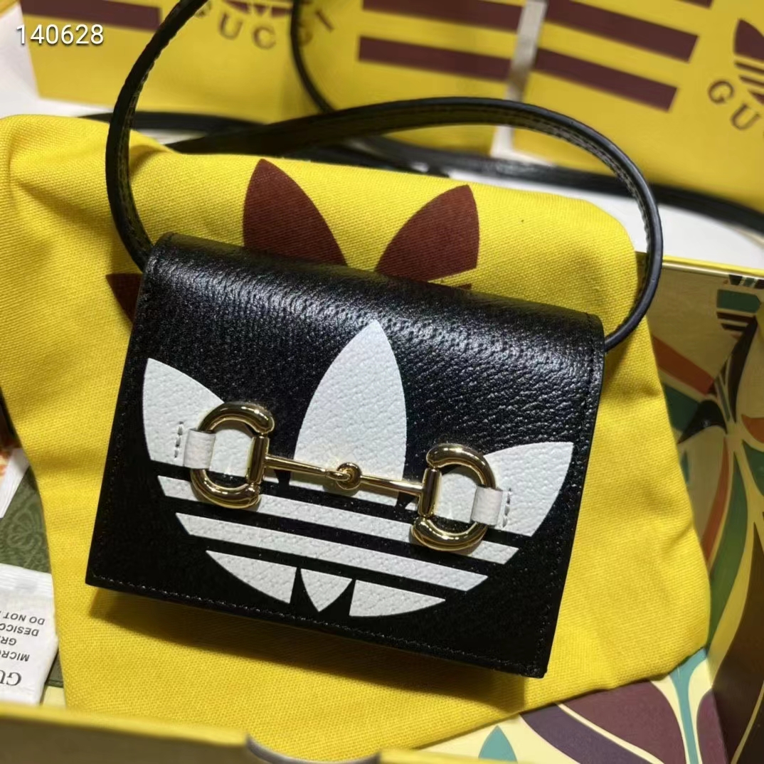 Gucci Women Adidas x Gucci Card Case Horsebit Black Off-White Leather Trefoil Print
