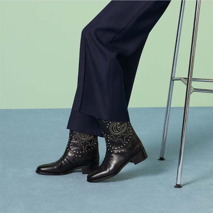 Gucci Women GG Boot Double G Embroidery Studs Black Leather Low 3.6 CM Heel