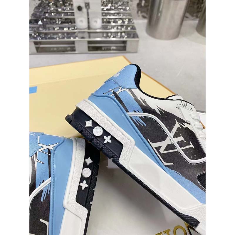 Louis Vuitton Unisex LV Trainer Sneaker Black Printed Calf Leather Rubber Monogram Flowers