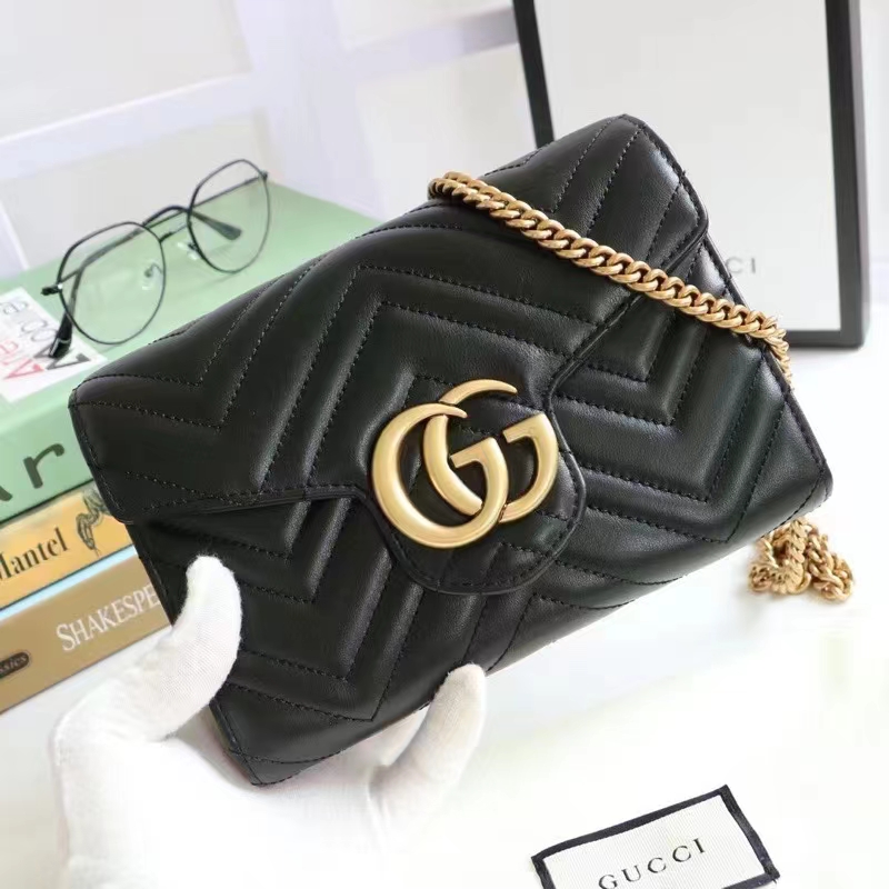Gucci Women GG Marmont Matelassé Mini Bag Black Chevron Leather Double G