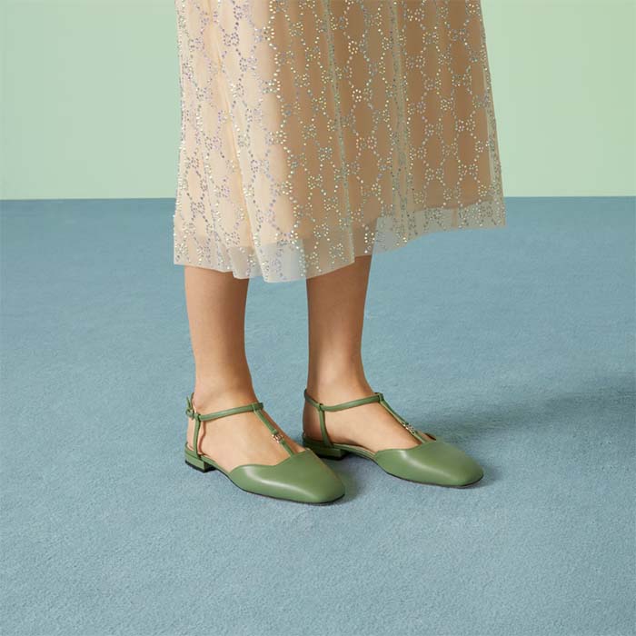 Gucci Women GG Double G Ballet Flat Light Green Leather Square Toe 1.5 CM Heel