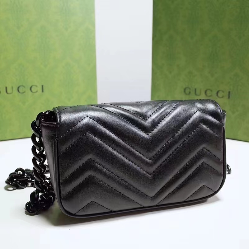 Gucci Women GG Marmont Belt Bag Black Chevron Matelassé Leather Double G