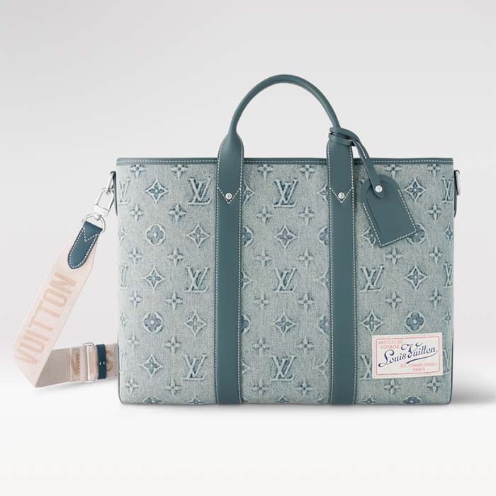 Louis Vuitton Unisex Weekend Tote NM Monogram Washed Denim Coated Canvas Cowhide Leather