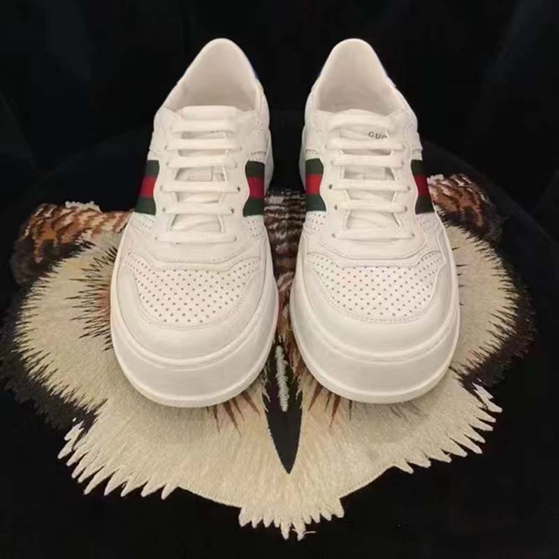 Gucci Unisex Sneaker Web White Leather Green Red Web Lace Up Flat