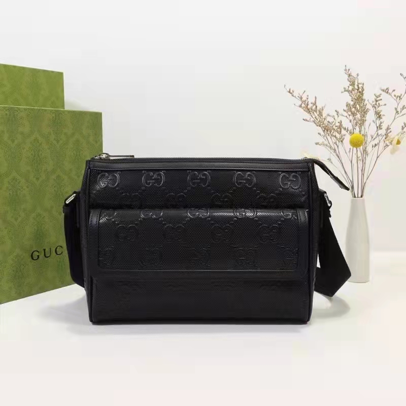 Gucci Unisex GG Embossed Messenger Bag Black GG Embossed Leather