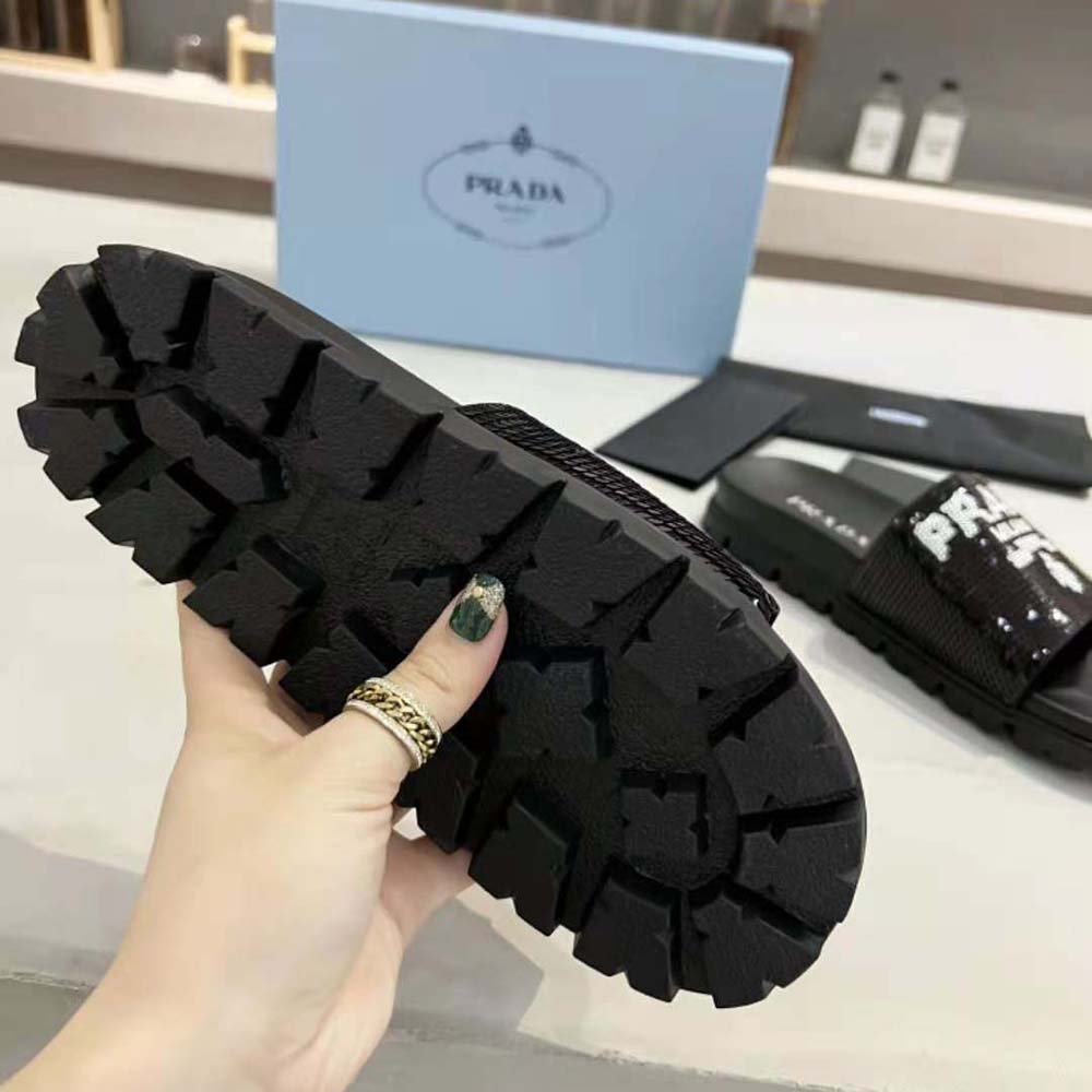 Prada Women Sequin Slides with Rubber Lug Sole are Covered All Over with Embroidered Sequins
