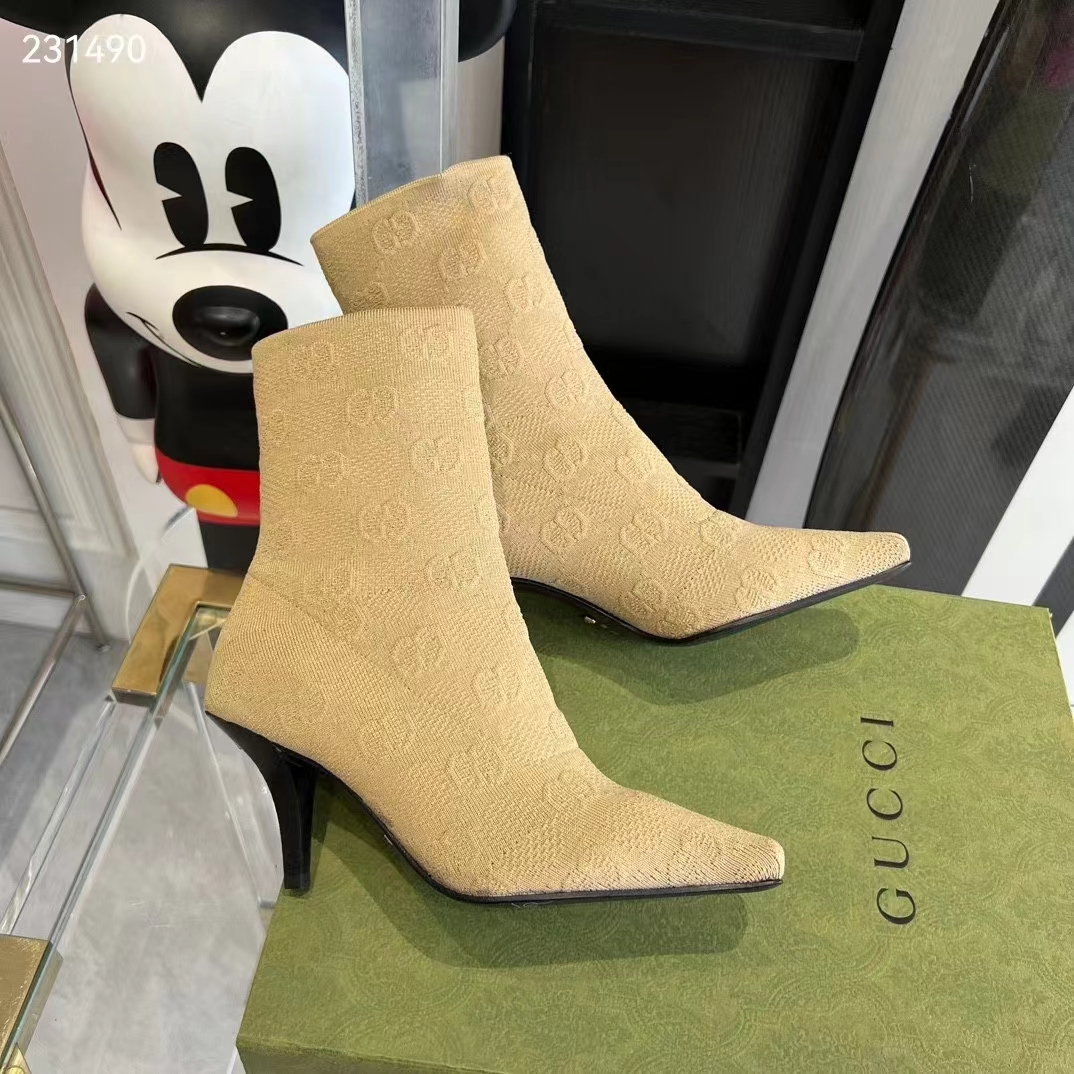 Gucci Women GG Knit Ankle Boots Beige GG Technical Knit Fabric Square Toe Leather Mid-Heel