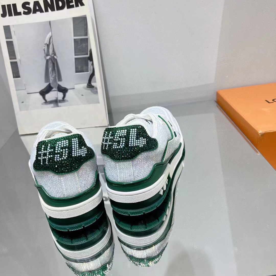 Louis Vuitton Unisex Trainer Sneaker Green Strass Rubber Outsole LV Initials Monogram Flowers