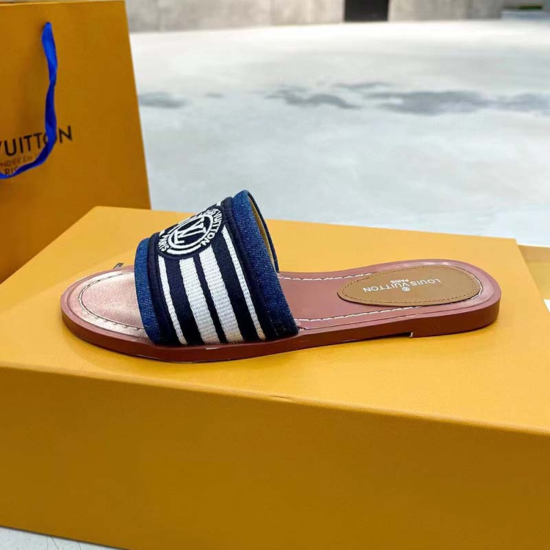 Louis Vuitton LV Women Lock It Flat Mule Blue Denim Leather LV Circle