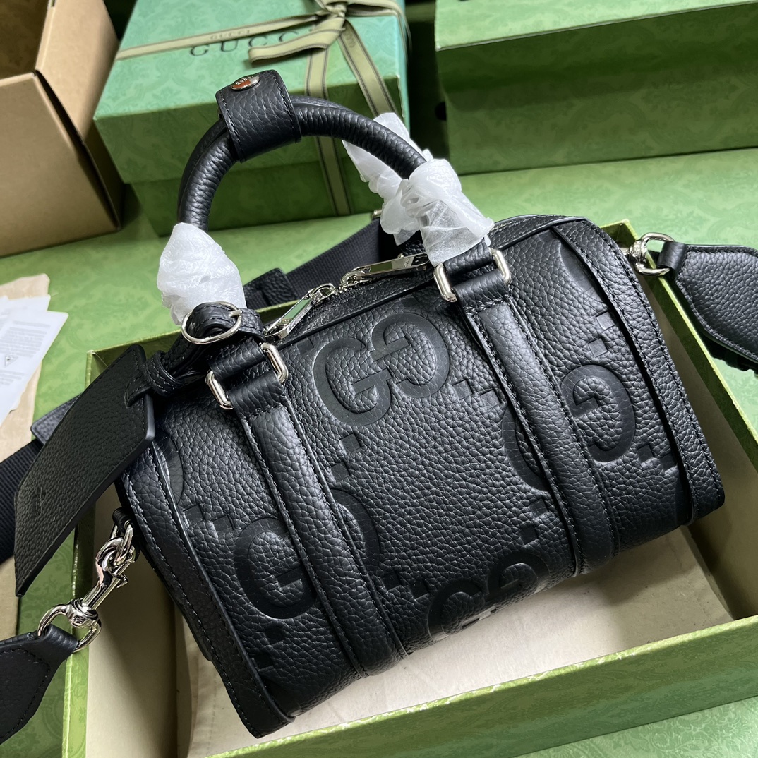 Gucci Unisex Jumbo GG Mini Duffle Bag Black Leather Double G Zip Closure