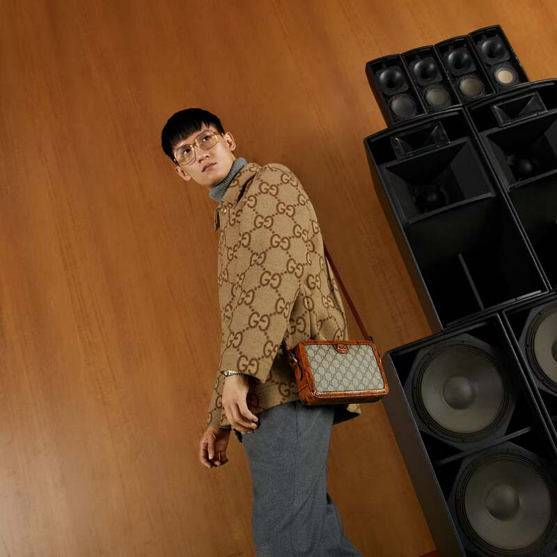 Gucci Unisex GG Python Shoulder Bag Double G Beige Ebony GG Supreme Canvas