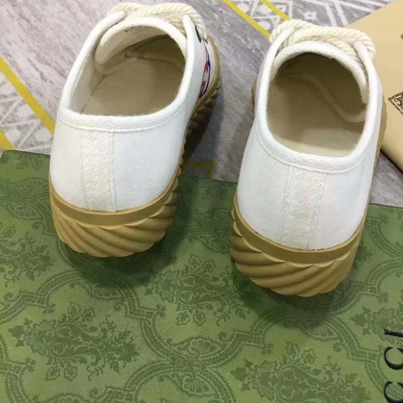 Gucci Unisex Interlocking G Sneaker Beige Cotton Rubber Sole Lace-Up Closure Flat