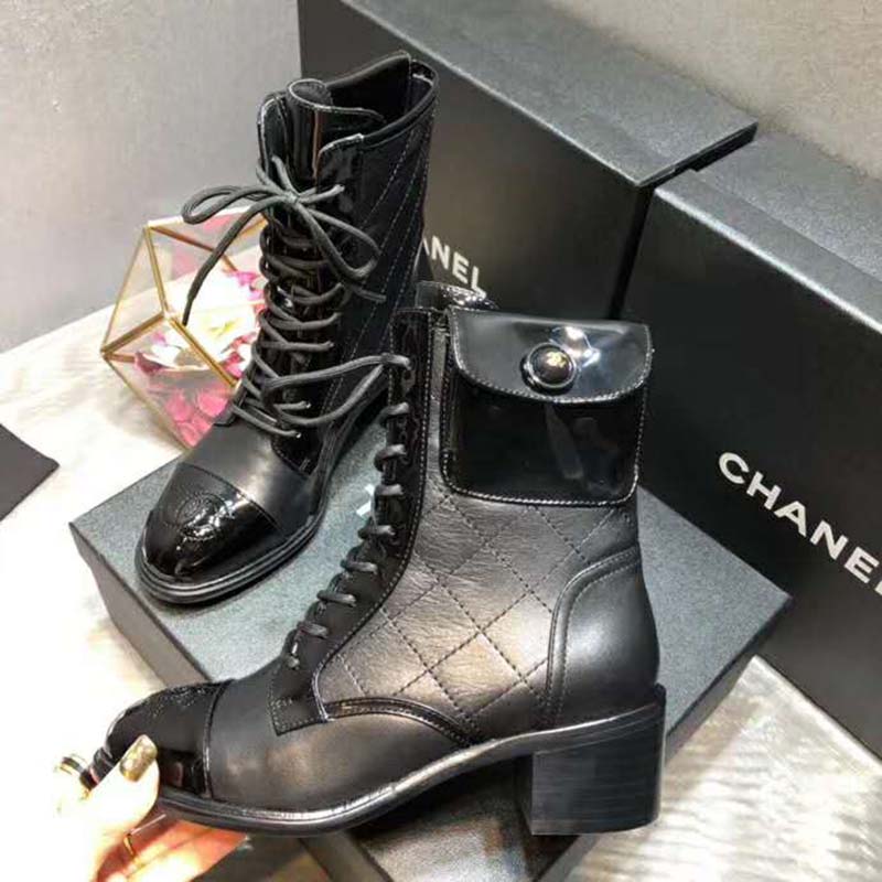 Chanel Women Patent Calfskin & Crumpled Calfskin Ankle Boots-Black