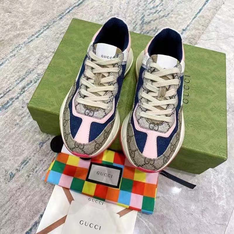 Gucci Unisex GG Rhyton Sneaker Beige Blue Pink GG Supreme Canvas Low Heel