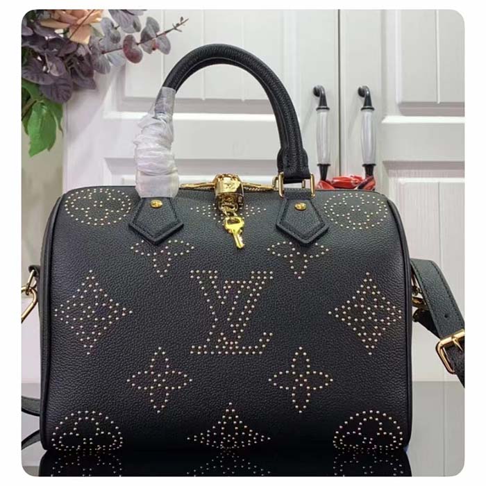Louis Vuitton LV Women Speedy Bandoulière 25 Handbag Black Monogram Empreinte Grained Cowhide Leather Studs