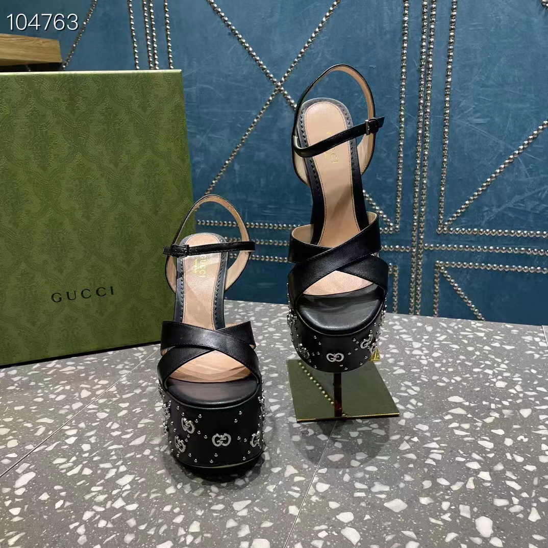 Gucci Women GG Interlocking G Studs Sandal Black Leather Spool High 15 Cm Heel
