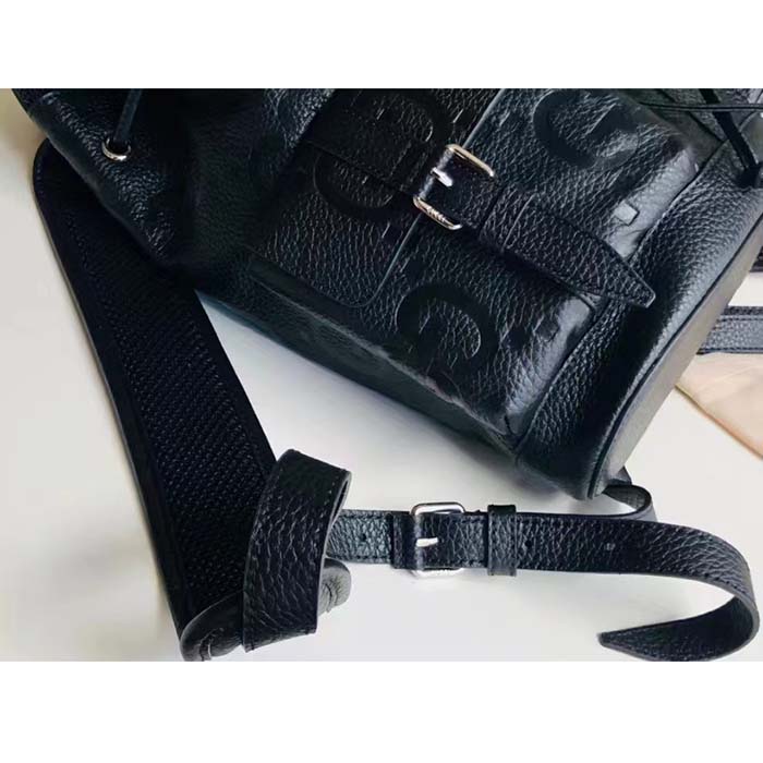 Gucci Unisex Jumbo GG Small Backpack Black Leather Cotton Linen Lining