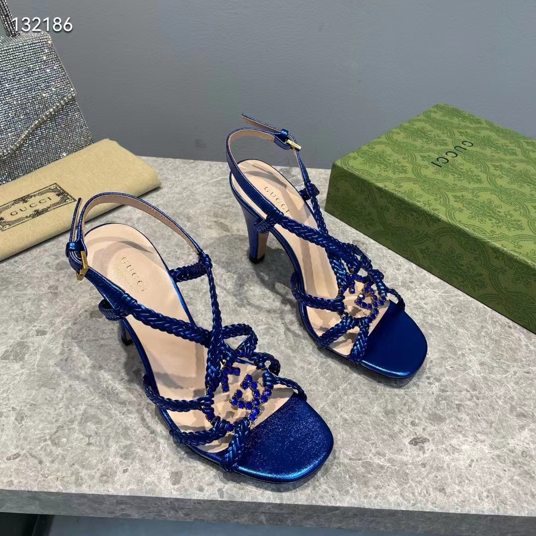 Gucci Women GG Cystal Interlocking G Sandal Blue Metallic Braided High 9 CM Heel