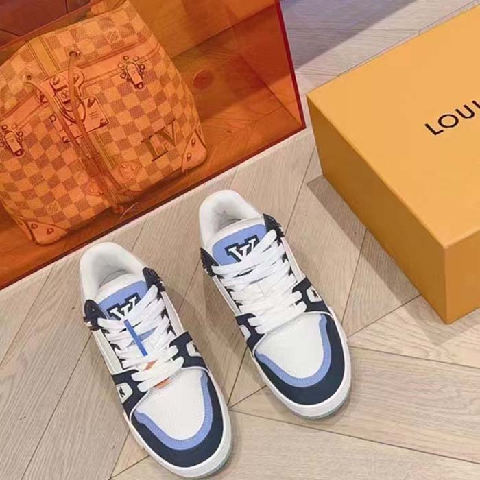 Louis Vuitton Unisex LV Trainer Sneaker Blue Nubuck Grained Calf Leather Rubber Initials