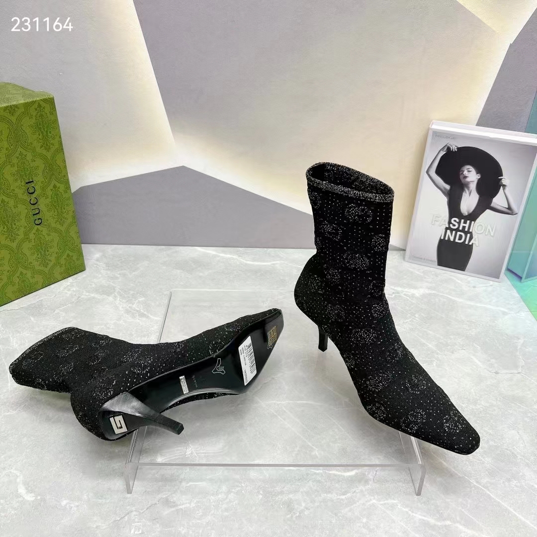 Gucci Women GG Knit Ankle Boots Black Grey Technical Knit Fabric Square Toe Leather Mid-Heel