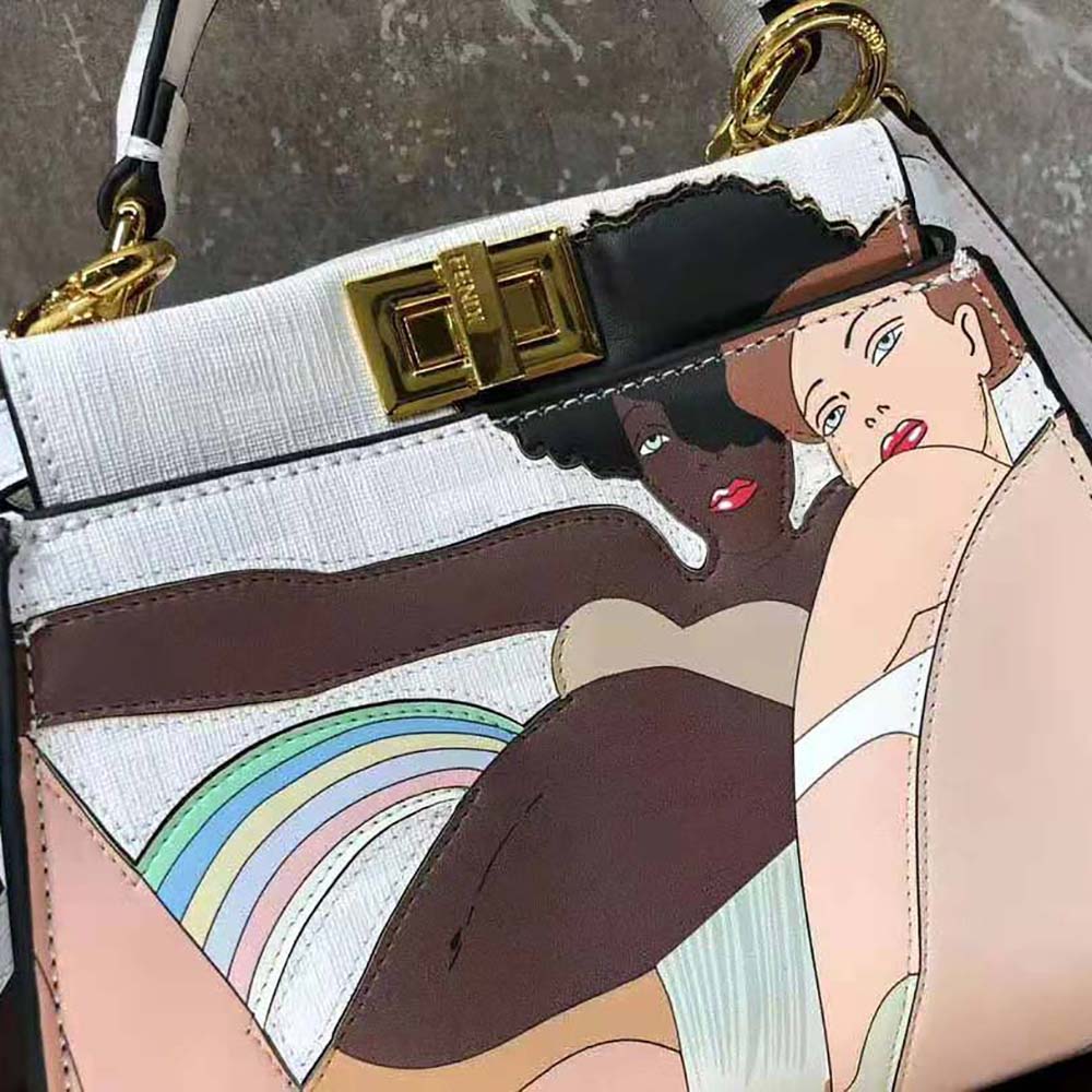 Fendi Women Peekaboo Iconic Mini FF White Glazed Fabric Bag with Inlay