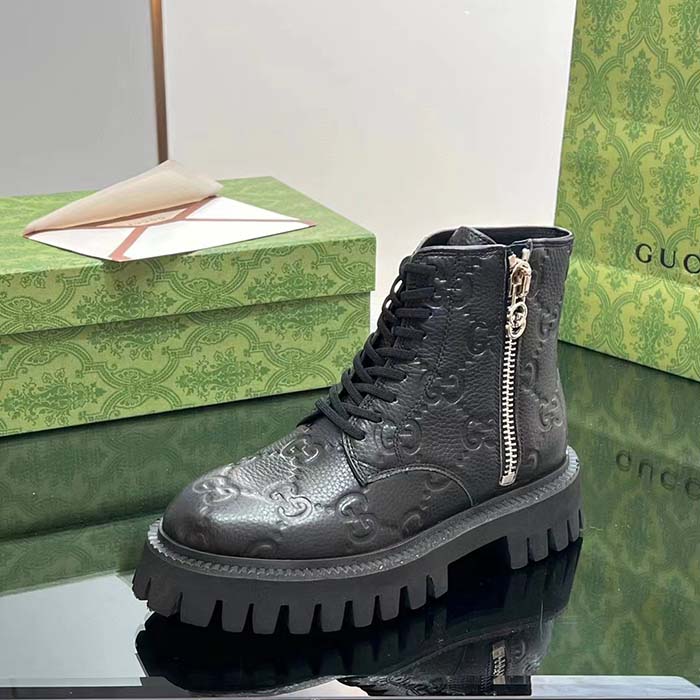 Gucci Unisex GG Leather Boots Rubber Lug Sole Lace-Up Interlocking G Flats