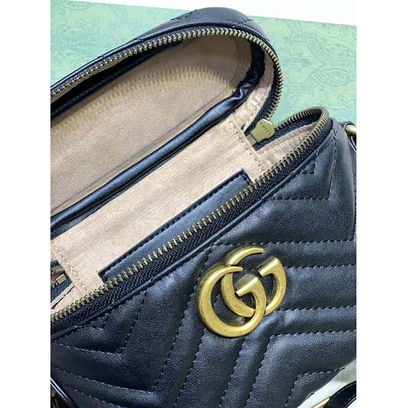 Gucci Unisex GG Marmont Cosmetic Case Black Matelassé Chevron Leather Double G