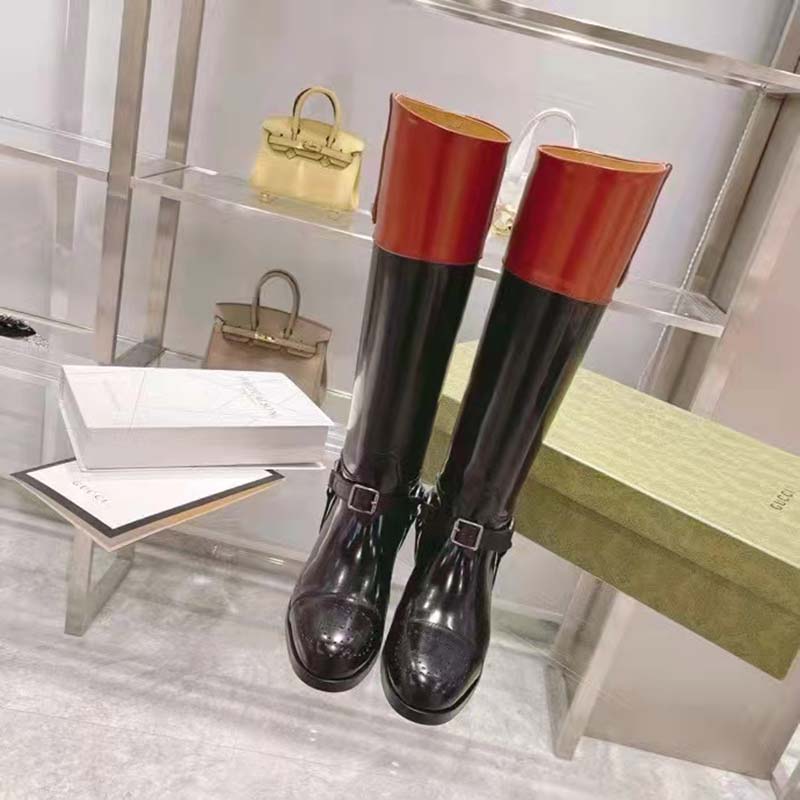 Gucci GG Women Knee-High Boot Harness Black Brown Leather Interlocking G
