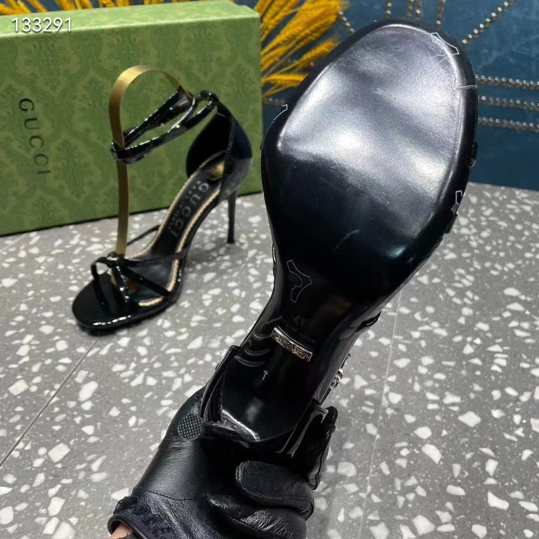 Gucci Women GG Strappy Sandal Double G Black Patent Leather Crystal High 11 CM Heel