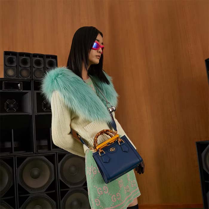 Gucci GG Women Diana Mini Tote Bag Royal Blue Leather Double G