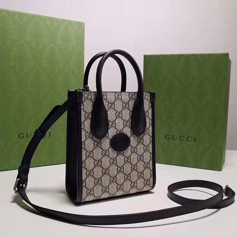 Gucci Unisex Mini Tote Bag Interlocking G Beige Blue GG Supreme Canvas