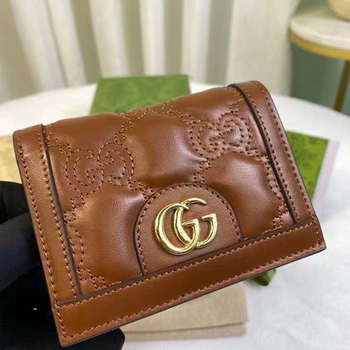 Gucci Unisex GG Marmont Card Case Wallet Light Brown GG Matelassé Leather Double G