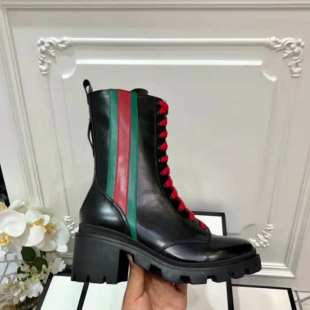 Gucci Women Gucci Leather Ankle Boot with Web in Black Shiny Leather 4.8 cm Heel