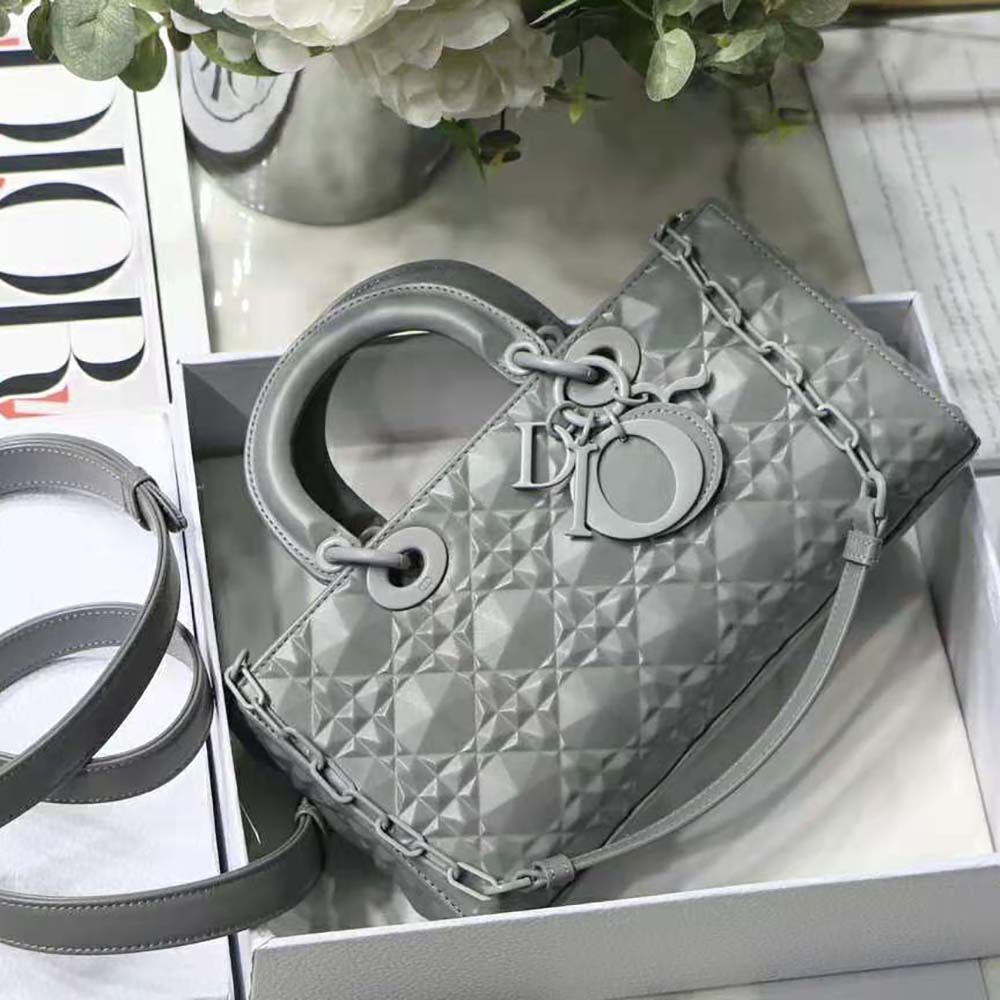 Dior Women Lady D-Joy Bag Gray Cannage Calfskin with Diamond Motif