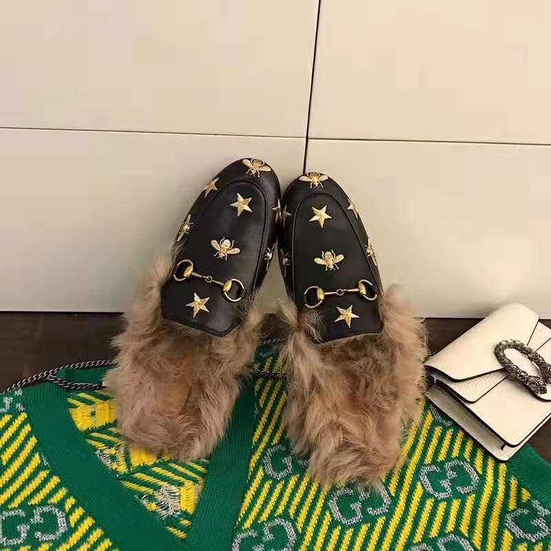 Gucci Unisex Princetown Embroidered Leather Slipper with Bees and Stars in Lamb Wool-Black