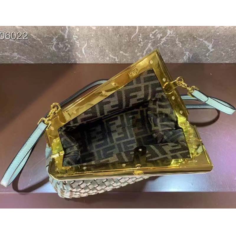 Fendi Women FF First Small Bag Mint Green Leather Interlace Bag