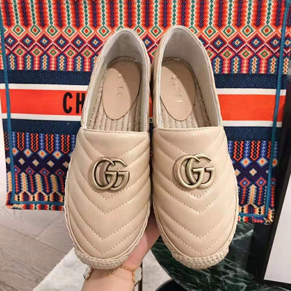 Gucci Women Leather Espadrille with Double G in Matelassé Chevron Leather-Sandy